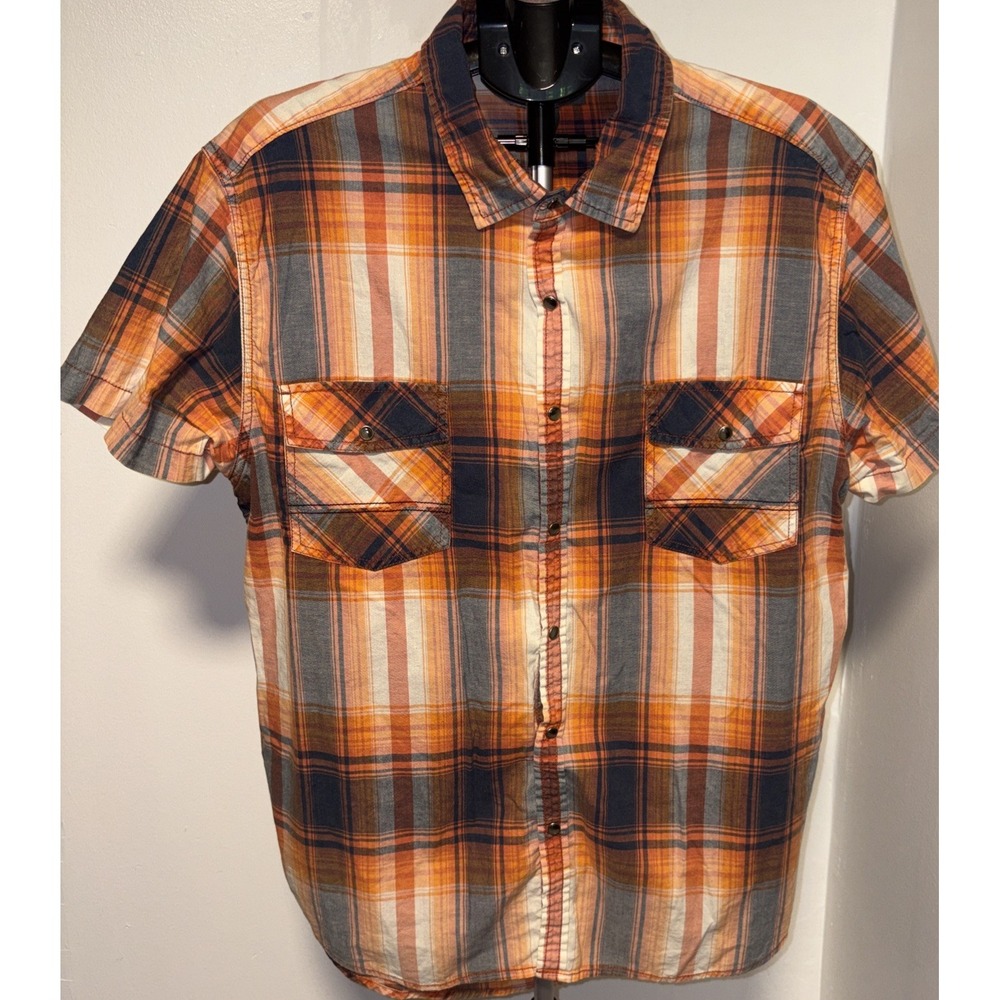 Decree Pearl Snap Shirt Mens 2XL Orange Plaid Shirt Sleeve Cotton Casual